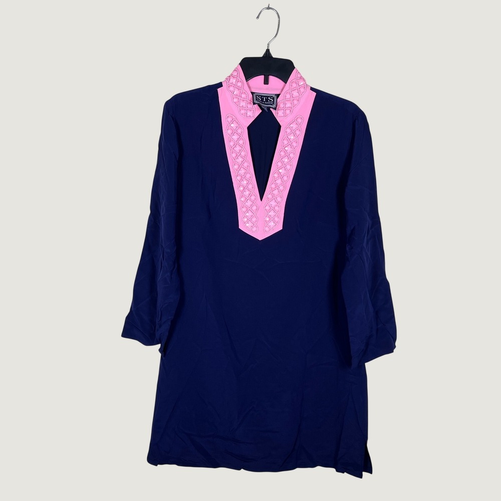 Sail to Sable Tunic Dress Women Medium Navy Blue Pink Silk Beaded Classic Preppy
